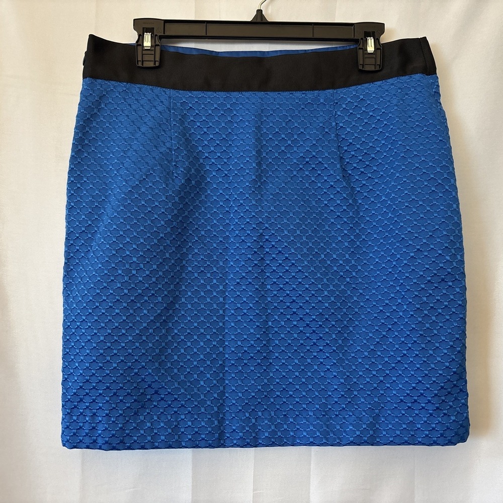 NWOT Blue Jacquard Mini Skirt Worthington Pencil Ribbon Waist Side Zip Size 10 - Picture 3 of 6
